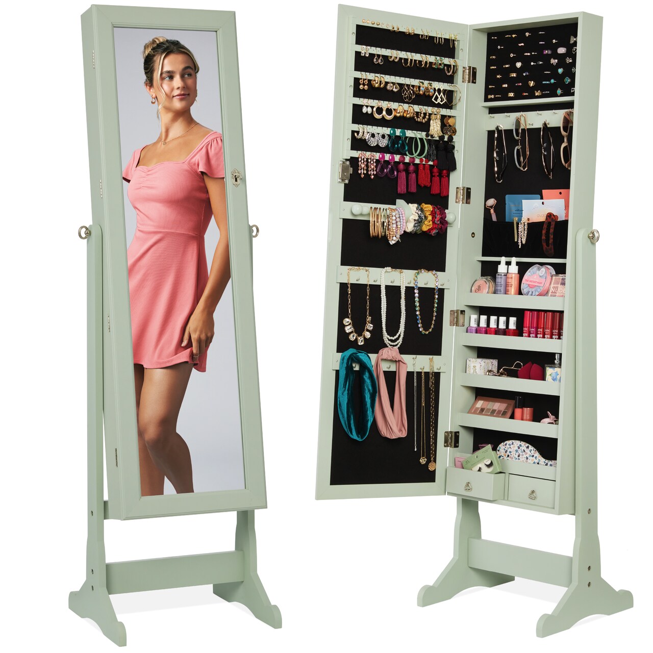 Best Choice Products Jewelry Armoire Cabinet, Full Length Mirror w/ Velvet Storage Interior, Lock